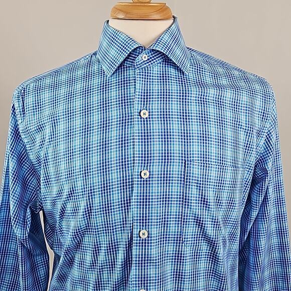 Peter Millar Blue Checker Plaid Long-Sleeve Button-Up Shirt Men's Medium - Picture 1 of 12